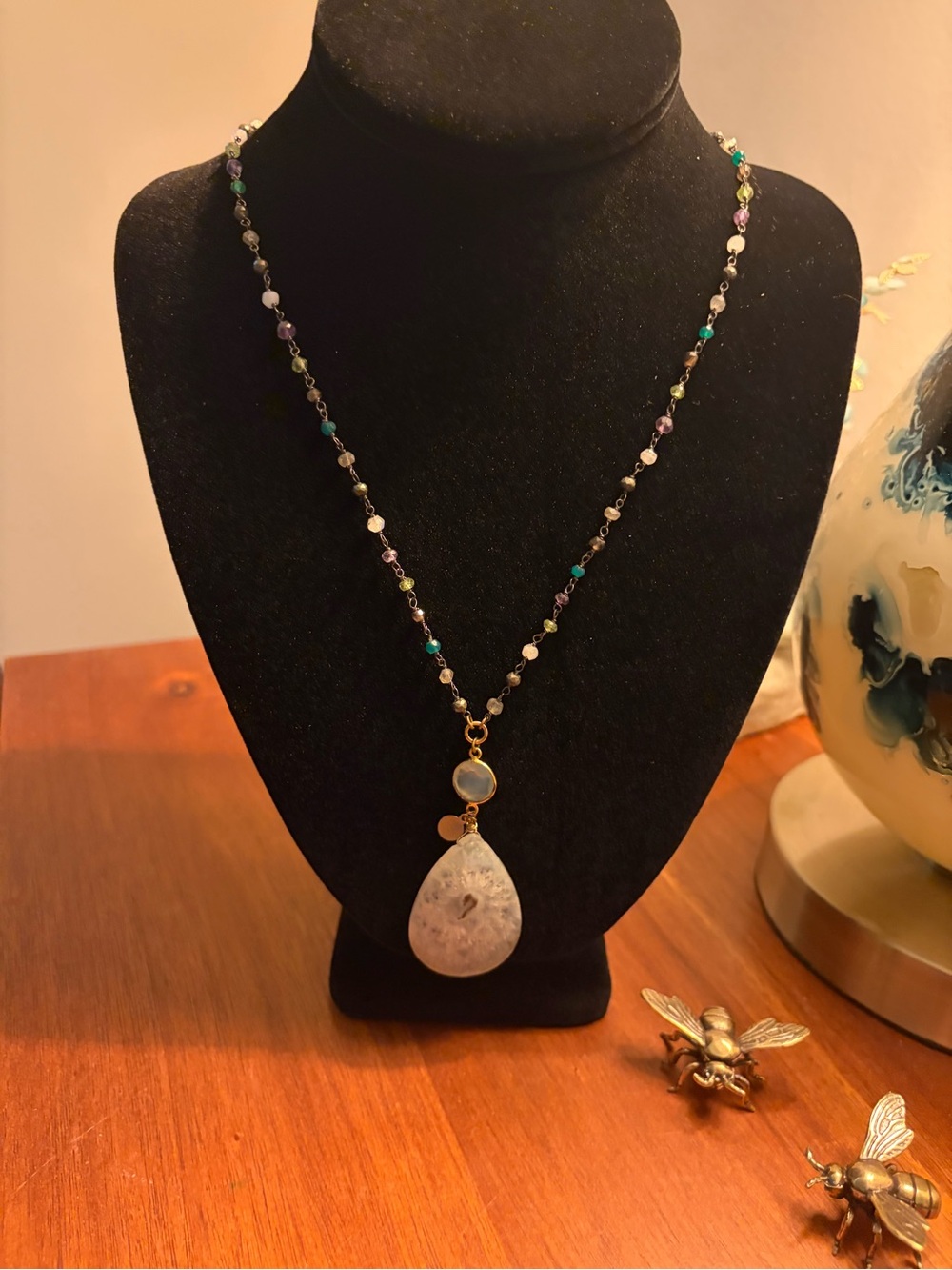 Catherine Page Multicolor Beaded Necklace with White Teardrop Pendant
